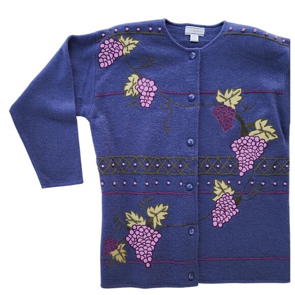 Vintage August Max Woman Wool Cardigan 1X Beaded Grapevine Pearl Sweater - Picture 2 of 8